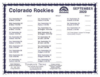 September 2020 Colorado Rockies Printable Schedule