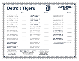 September 2020 Detroit Tigers Printable Schedule