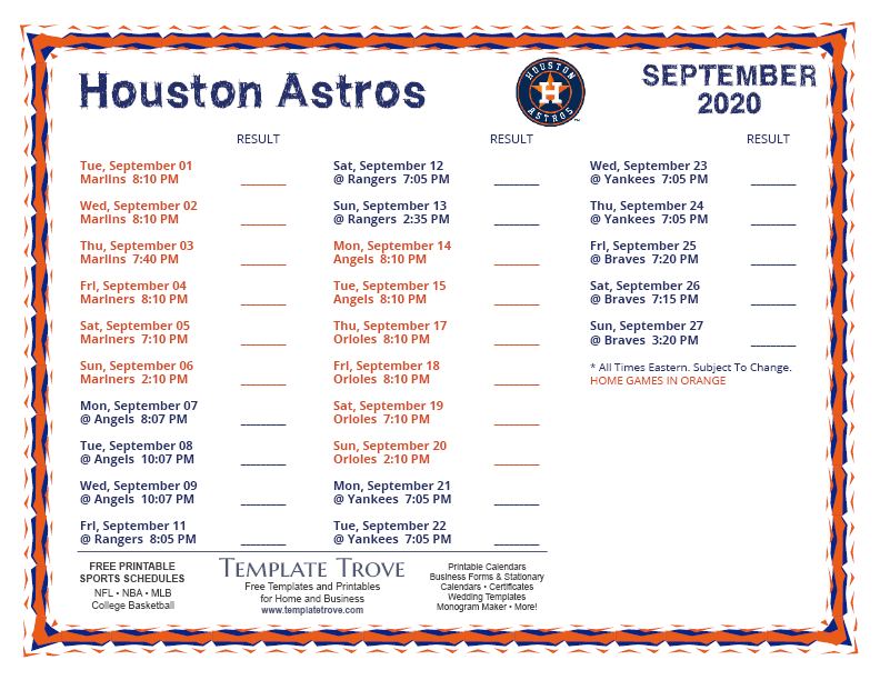 Printable 2020 Houston Astros Schedule