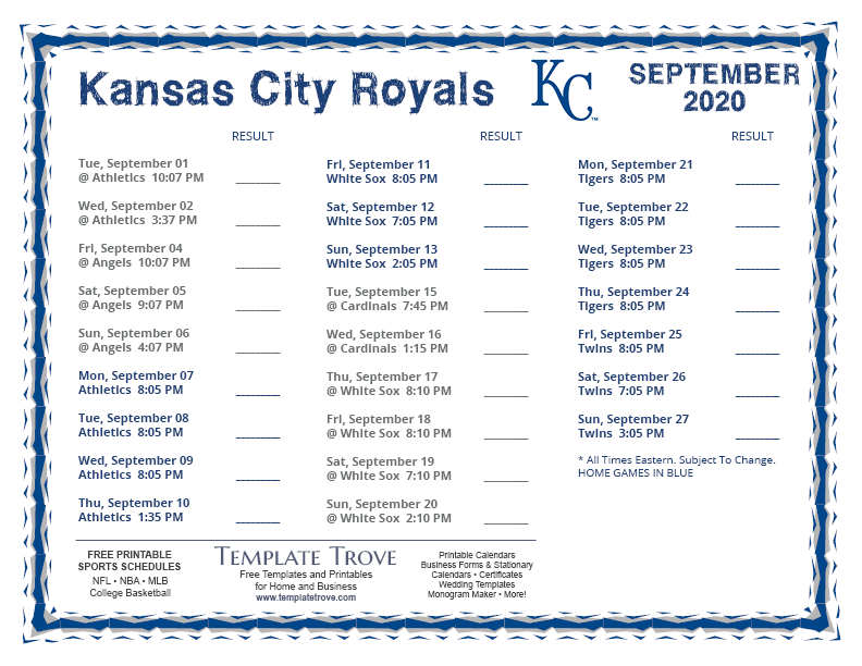 Printable 2020 Kansas City Royals Schedule