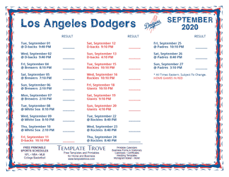 September 2020 Los Angeles Dodgers Printable Schedule