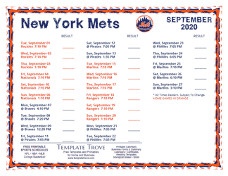 September 2020 New York Mets Printable Schedule