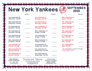 September 2020 New York Yankees Printable Schedule