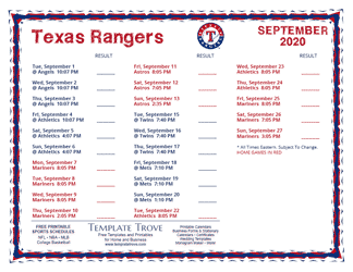 September 2020 Rangers Schedule