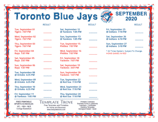 September 2020 Toronto Blue Jays Printable Schedule