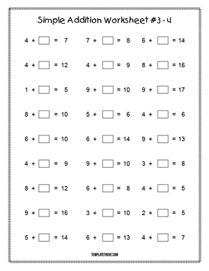 Printable Simple Addition Worksheet #3-4