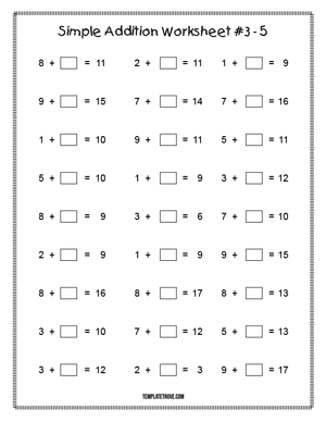 Printable Simple Addition Worksheet #3-5