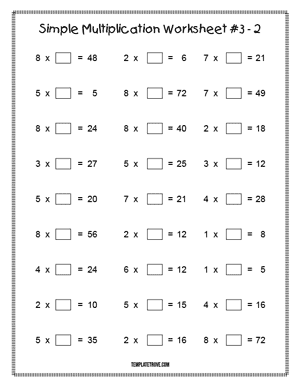Printable Simple Multiplication Worksheet #3-2