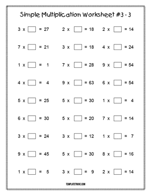 Printable Simple Multiplication Worksheet #3-3