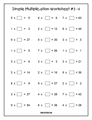 Printable Simple Multiplication Worksheet #3-4