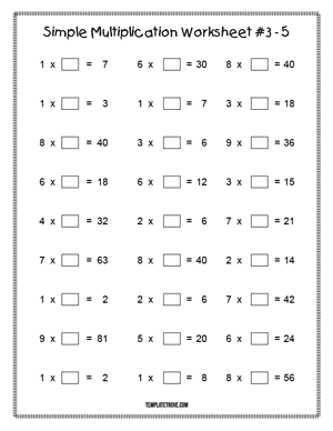 Printable Simple Multiplication Worksheet #3-5