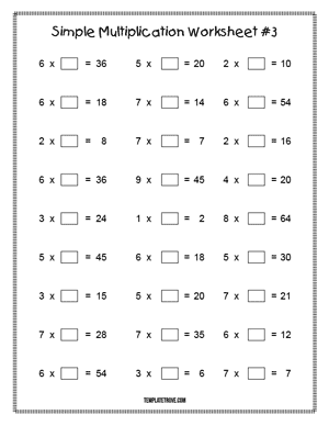 Printable Simple Multiplication Worksheet #3