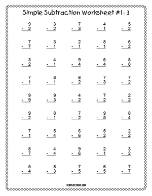 Printable Simple Subtraction Worksheet #1-3
