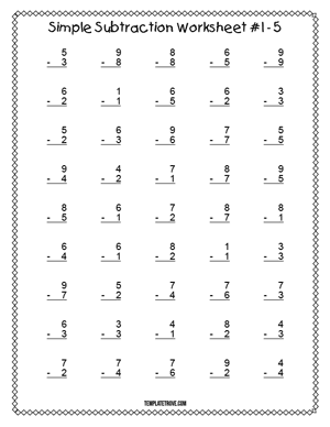 Printable Simple Subtraction Worksheet #1-5