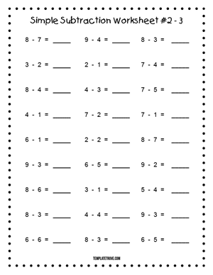 Printable Simple Subtraction Worksheet #2-3