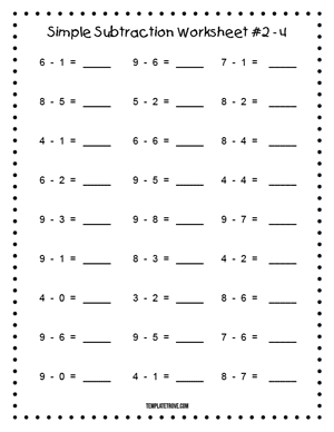 Printable Simple Subtraction Worksheet #2-4