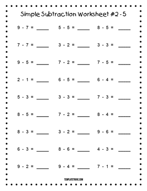 Printable Simple Subtraction Worksheet #2-5