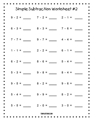 Printable Simple Subtraction Worksheet #2