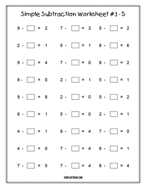 Printable Simple Subtraction Worksheet #3-5