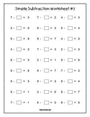 Printable Simple Subtraction Worksheet #3
