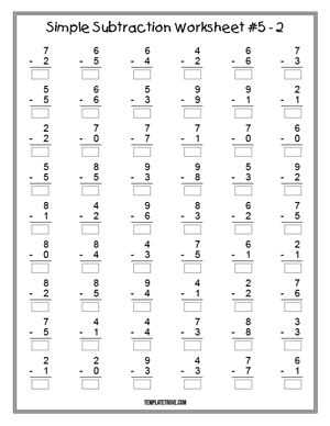 Printable Simple Subtraction Worksheet #5-2