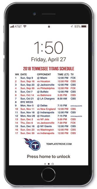 2018 Tennessee Titans Lock Screen Schedule