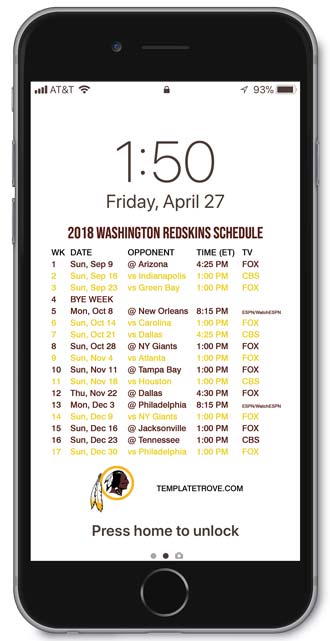 2018 Washington Redskins Lock Screen Schedule