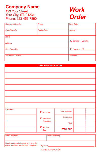 Free Printable Work Order Form Template Pdf Word Doc Excel Order Form 