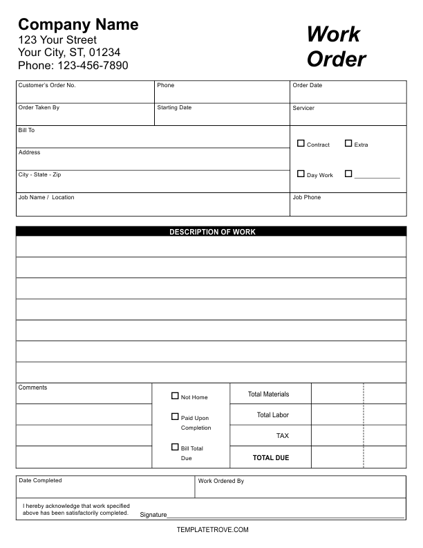 Work Order Template Word Free